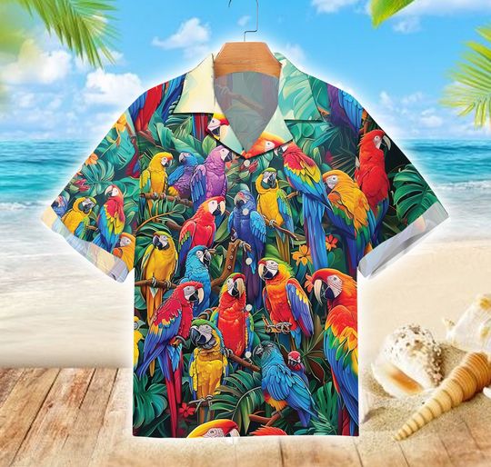 Parrot Hawaiian Shirt, Summer Party Button Down Shirt, Tropical Forest Summer Shirt, Parrot Lover Gift, Summer Vacation Shirt