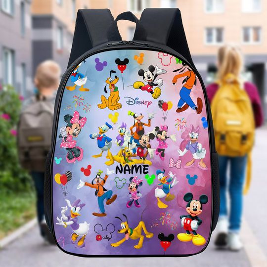 Personalized Watercolor Mickey and Friends Castle Backpack, Custom Name Minnie Pluto Goofy Daisy Bottle, Birthday Boy Girl Lunch Bag