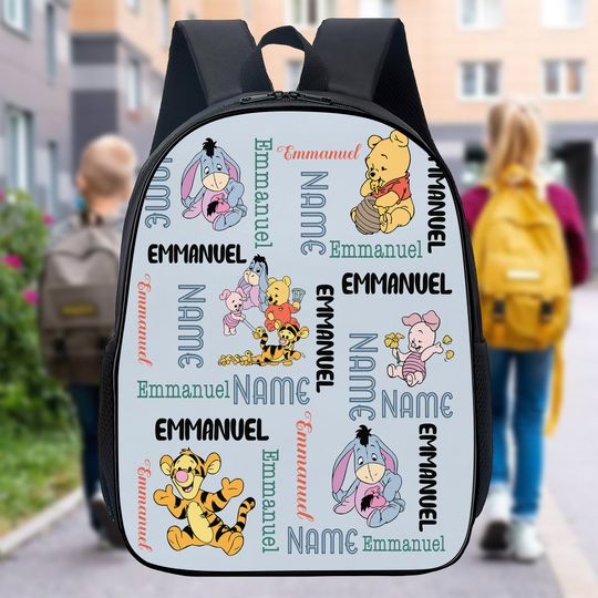 Personalized Classic Honey Cartoon Backpack, Custom Name Yellow Bear And Friends Lunch Bag, Cute Bottle Birthday Gift For Kids