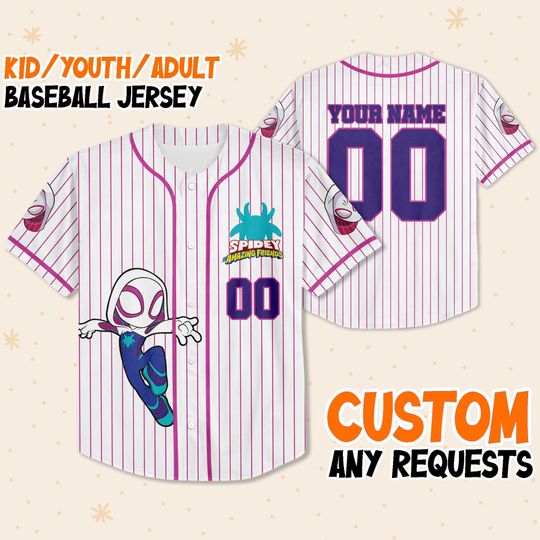 Personalize Spidey And His Amazing Friends Gwen Stacy White Pink, Custom Spider Verse Baseball Jersey Team, Disney Baseball Team Outfit