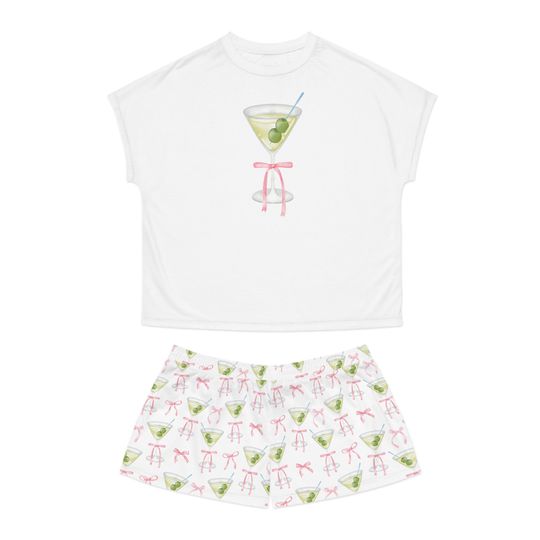 Dirty Martini Pink Bow Coquette Pajamas Set, Short Sleeve Pajama Sets for Women, Girls, Homewear, Sleepwear