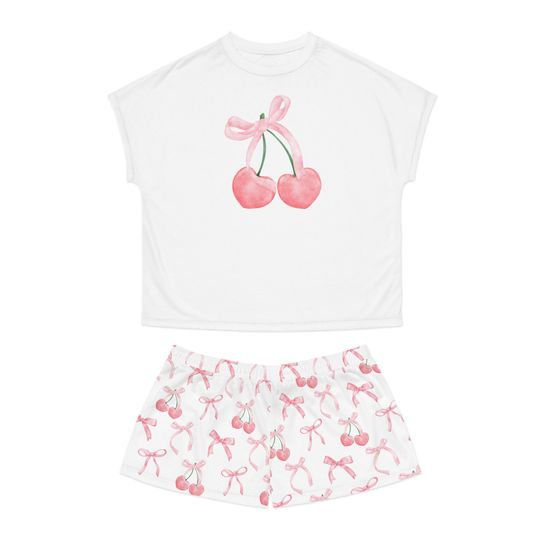 Pink bow Coquette Pajamas Cherry PJ Set Pajamas Set, Short Sleeve Pajama Sets for Women, Girls, Homewear, Sleepwear