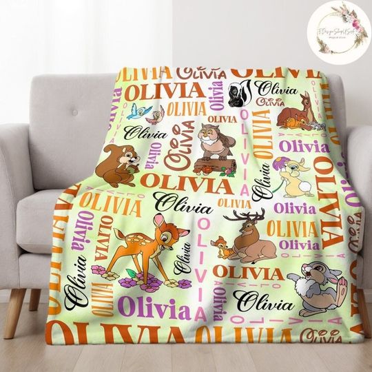 Personalized Watercolor Disney Bambi Blanket, Custom Name Bambi Birthday Boy/Girl Gift