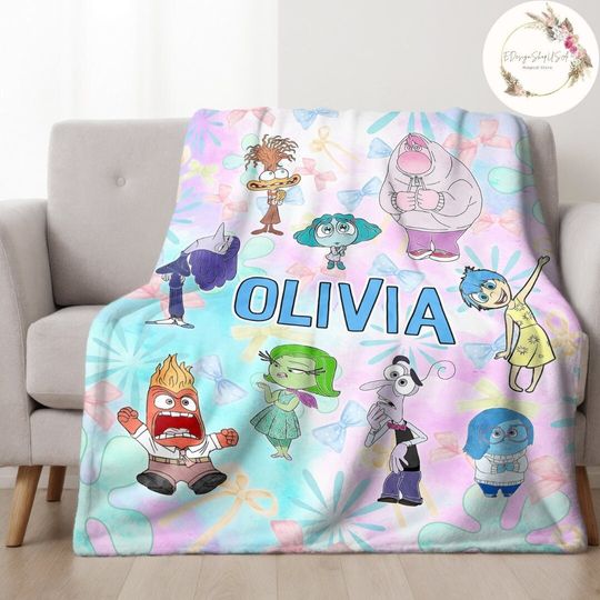 Personalized Watercolor Coquette Bows Disney Pixar Inside Out Blanket, Inside Out 2 Blanket