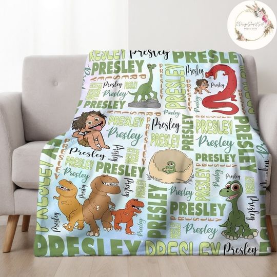 Personalized Watercolor Disney Pixar The Good Dinosaur Blanket, Custom Name Dinosaur Lovers Blanket