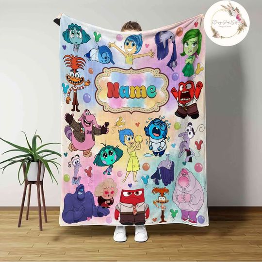 Personalized Disney Pixar Inside Out 2 Characters Blanket, Joy Disgust Sadness Anxiety Envy Inside Out Friends Blankets, Custom Name blanket