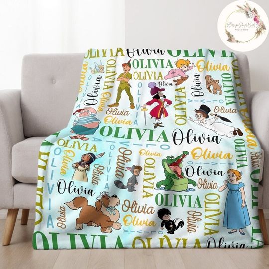 Personalized Watercolor Disney Peter Pan Blanket, Peter Pan Wendy Tinker Bell Lost Boys Neverland
