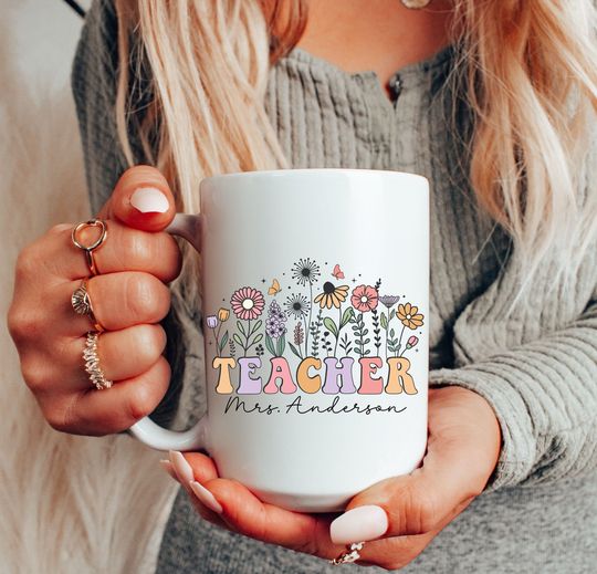 Teacher mug, Mug with name, personalized, custom, flowers, floral, teacher appreciation gift, custom teacher mug, thank you gift, school