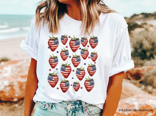 4th of July Strawberries Shirt, 4th of July Cotton Tee, Graphic Tshirt for men, women, Unisex, Trending Casual Fashion
