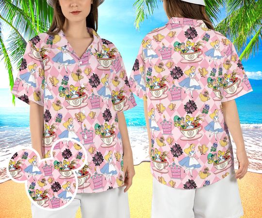 Mad Hatter Tea Party Hawaiian Shirt, Alice in Wonderland Tropical Summer Button Up for Men, Women, Kids, Trending Casual Fashion