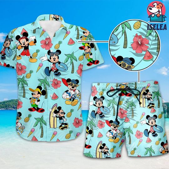 Mickey And Friends Hibiscus Tropical Hawaiian Shirt and Shorts, Gifts for Summer Vacation