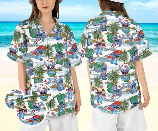 Stitch Tropical Hawaiian Shirt, Stitch Summer Trip Hawaii Shirt, Stitch Beach Aloha Shirt, Disneyland Stitch Hibiscus Button Up Shirt