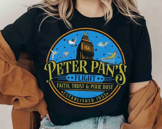 Disney Peter Pan's Flight Ride Retro T-shirt, Tinker Bell Faith Trust And Pixie Dust Tee, Fantasyland Magic Kingdom Family Vacation Trip
