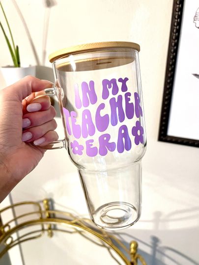 In my teacher era print glass cup with bamboo lid, Tumbler, gift, 32oz, 40oz tumblers, Glass Tumbler, Glassware, Tumbler with handle and lid