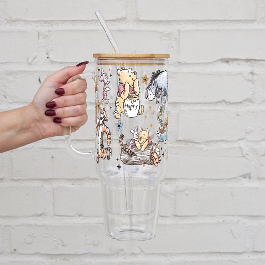 Pooh Bear 40 oz Glass Cup With Lid And Straw, Winnie Glass Tumbler Cup, Pooh Glass Tumbler & Water Glass Honey Gift For Best Friend