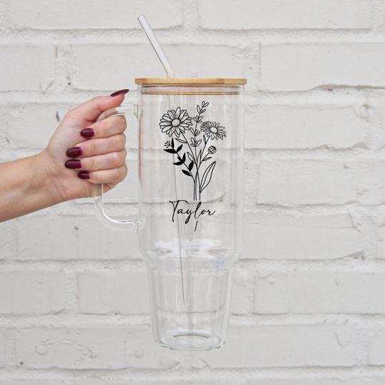 Personalized 40 oz Tumbler Cup With Name Gift For Mom Custom Tumbler With Floral Design With Birth Flower Glass Tumbler For Bridesmaid Gift