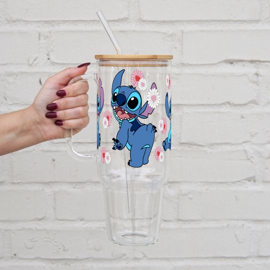 Stitch Cute Birthday Gift Iced Coffee Glass Cup, 16oz Glass Tumbler, Stitch Can Glass with Lid and Straw, Custom Tumbler Aesthetic Glass Can
