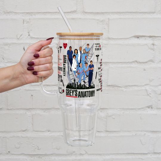 Greys Anatomy 40oz Glass Cup with Lid and Straw, Greys Nurse Can Glass, Grey Sloan Greys Quote Mcdreamy, Greys Anatomy Frosted Glass Tumbler