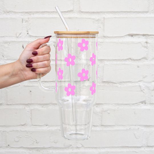 Daisy Glass Cup, 40oz Tumbler with Lid & Straw, Floral Can Glass, 40oz Glass Tumbler, Aesthetic Glass Can