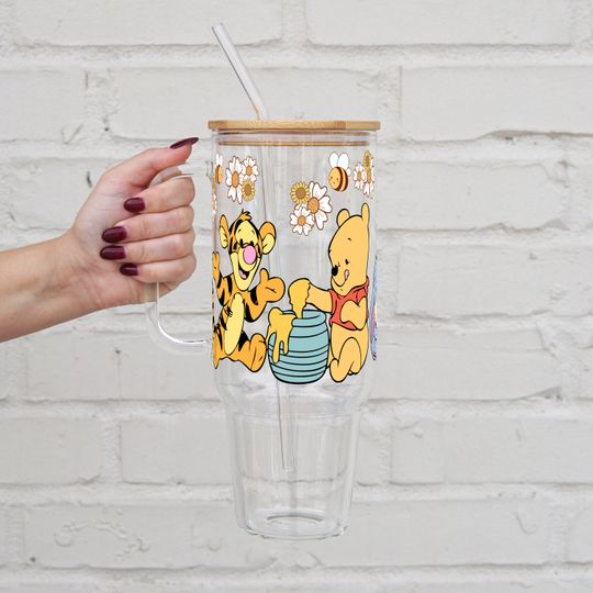 Pooh Bear 40 oz Glass Tumbler With Lid And Straw, Winnie Glass Tumbler Cup, Pooh Glass Tumbler & Water Glass Honey Gift For Best Friend