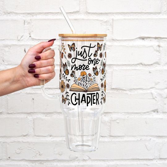 Just One More Chapter 40oz Glass Tumbler With Handle Lid and Straw, Book Lover Gift, Floral Butterfly Reader Gift, Book Club Gift for Her
