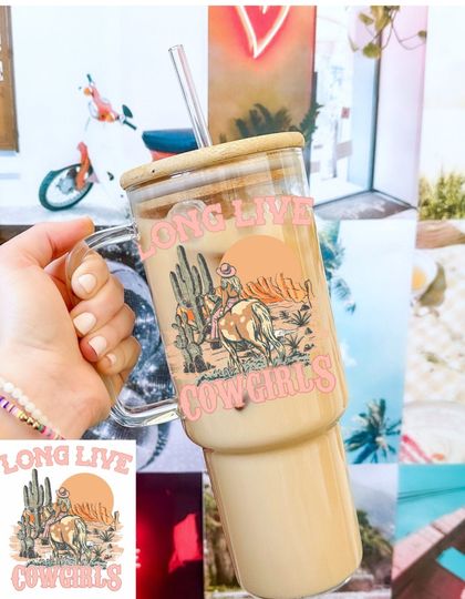 40oz Glass Tumbler With Handle,Long Live Cowgiels, Coffee Glass, Viral Coffee Glass, Gifts For Mom, Cowgirl Coffee Glass