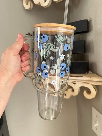 40oz Glass Tumbler, 40oz Glass with handle, Blueberry Glass Tumbler , Coffee Glass, Viral Glass Tumbler with handle