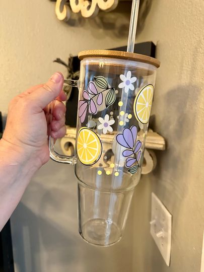 40oz Glass Tumbler With Handle, Lemon and Lavender 40oz glass tumbler, Coffee Glass, Viral Coffee Glass, Gifts For Mom