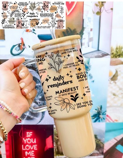 40oz Glass Tumbler With Handle, Daily Reminder 40oz glass tumbler, Coffee Glass, Viral Coffee Glass, Manifest great thoughts, Mental Health
