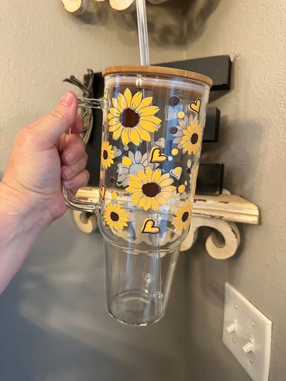 40oz Glass Tumbler with handle, Sunflower 40oz tumbler 40oz Glass with handle , Coffee Glass, Viral Coffee glass