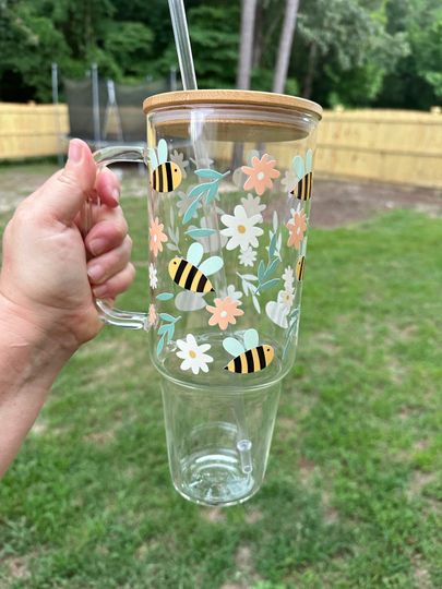 40oz Glass Tumbler floral bee, 40oz Glass with handle, Cute Summer 40oz Glass Tumbler , Coffee Glass, Viral Coffee Glass