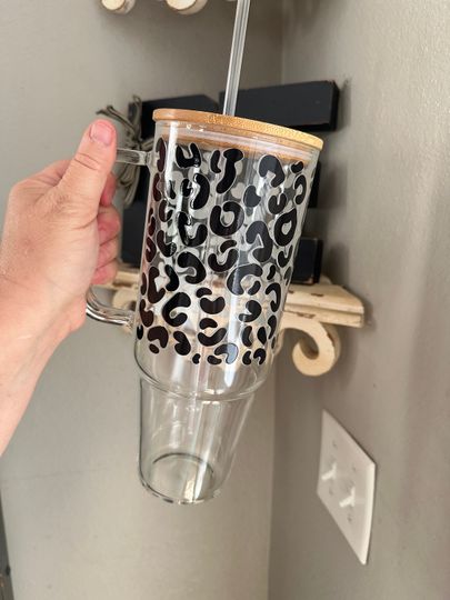 40oz Glass Tumbler, 40oz Glass with handle, Cheetah print glass, Coffee Glass, Viral Coffee Glass
