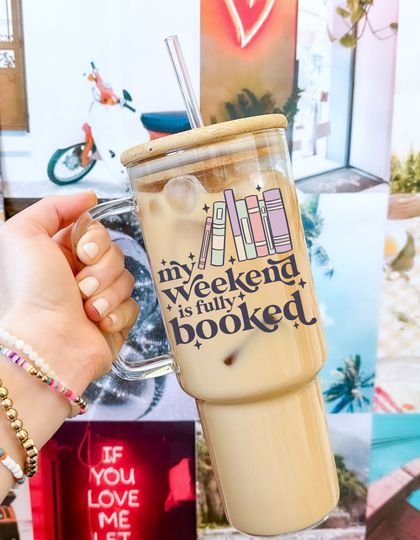 40oz Glass Tumbler With Handle,My weekend is booked 40oz glass tumbler, Coffee Glass, Viral Coffee Glass, book lover 40oz Glass