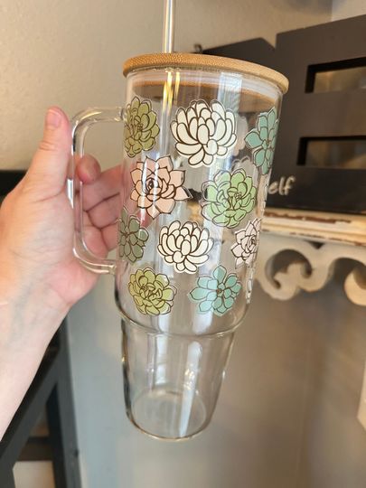 40oz Glass succulent Tumbler, 40oz Glass with handle, Cute summer 40oz Glass Tumbler , Coffee Glass, Viral Coffee Glass