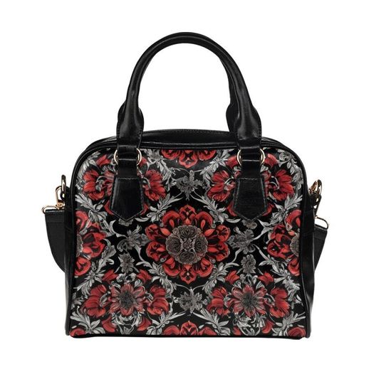 Damask Darkly Goth Handbag Purse, Shoulder Bag, Dark Gothic Red Womens Accessories, Hand Bag, Bowler Bag