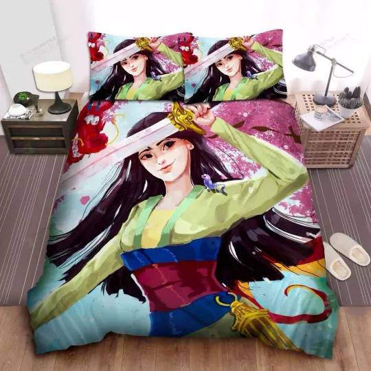 Disney Princess Mulan And Friends Watercolor Painting Quilt Duvet Cover Set