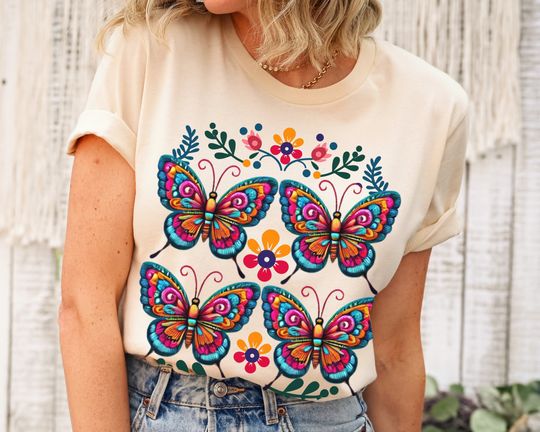 Mexican Colorful Flowers Unisex Short Sleeve Tee T-shirt, Cute Mom T-shirt, Mother's Day.