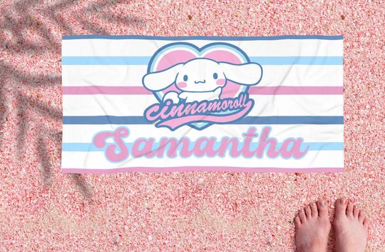 Personalized Cute Cinna Bunny Beach Towel with Name | Custom Kawaii Bunny Pool & Summer Towel | Cinnamon