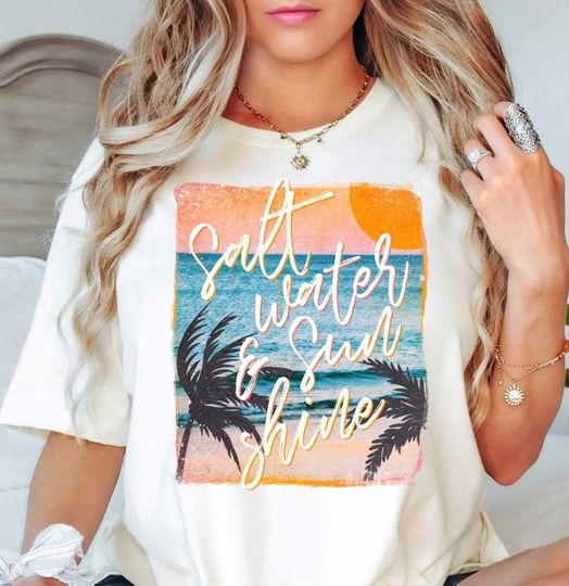 Salt Water and Sunshine (Tee) Retro Summer unisex short sleeves t-shirt, Multiple colors full size S-5XL shirt, Trending summer gift