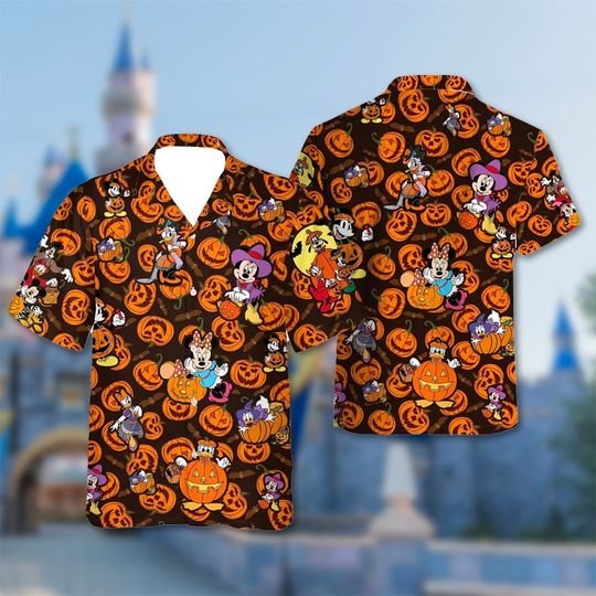 Retro Mickey Mouse And Friend Hawaiian Shirt, Mickey Mouse Pumpkin Halloween Button Down Short Sleeve Hawaiian for Men, Women, Kids, Trending Casual Fashion