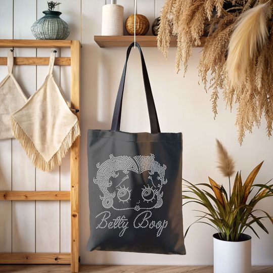 Betty Boop Tote Bag, Preppy Faux Bling Illusion Print, Aesthetic Canvas Shopper Tote, Vintage Graphic, Cute Birthday Gift for Girlfriend
