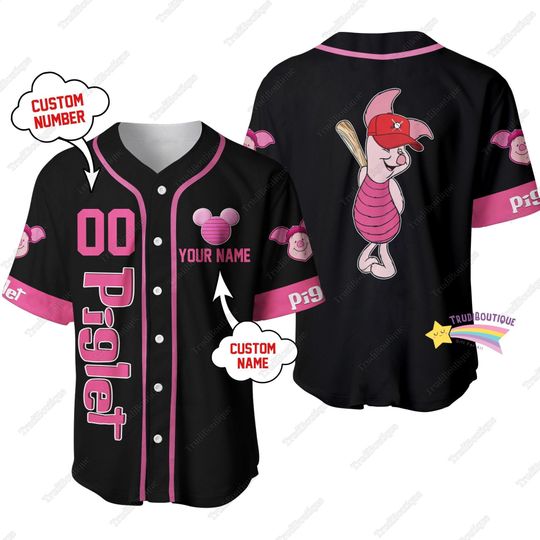 Personalized Piglet Jersey, Cute Piglet Baseball Shirt, Winnie The Pooh Baseball Jersey, Eeyore Lovers Gift, Disney Movie Gift