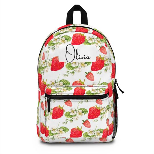 Red Strawberry with Green Vintage School Backpack, Personalized Name, School Supplies, Durable, Polyester Waterproof, Teacher Gift
