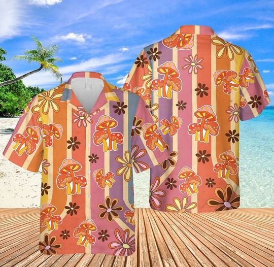 Mushroom Retro Hippie Hawaiian Shirt, Botanical Shirt, Plant Shirt, Mushroom Shirt, Summer Hawaiian Shirt, Beach Shirt