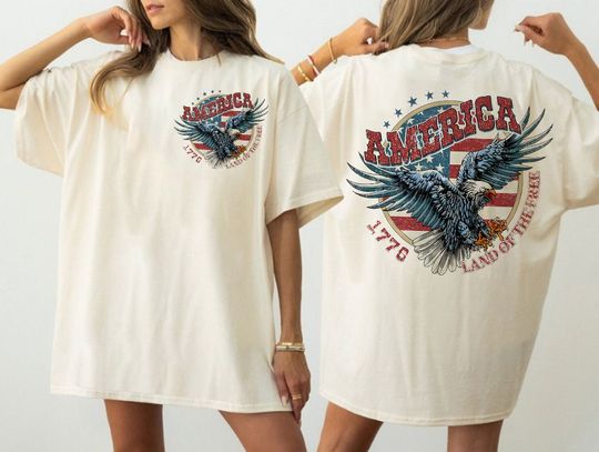 Vintage Patriotic 4th of July Double-sided Shirt, Retro Land of the Free Tee, American Independence Day Shirt, Statue of Liberty Graphic Tee