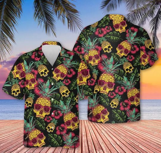 Pineapple Skull Black Hawaiian Shirt, Summer Skull Hawaiian Shirt, Summer Hawaiian Shirt, Beach Shirt