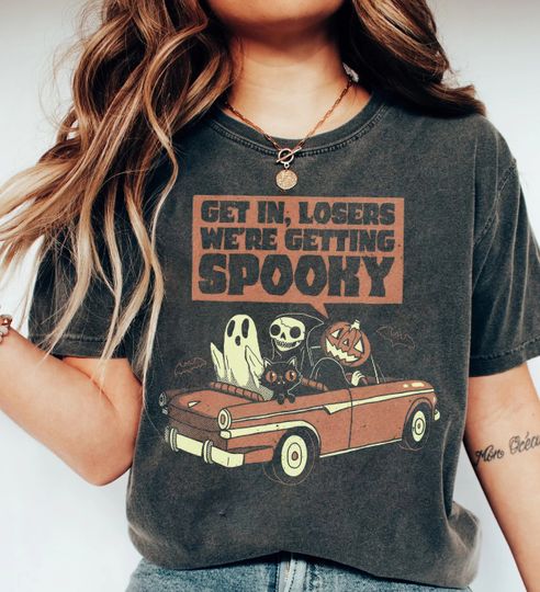 Get In Loser We're Getting Spooky T-Shirt, Retro Halloween Graphic Tee, Funny Spooky Season Shirt, Vintage Halloween Crewneck, Oversized Tee