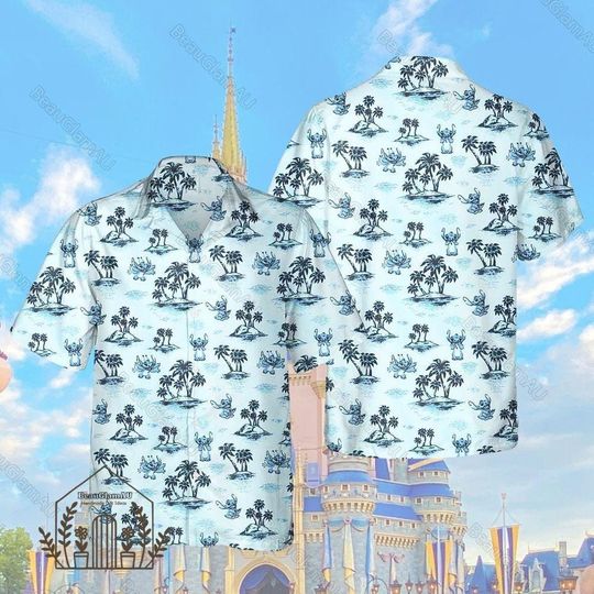 Retro Disney Stitch Beach Palm Tree Hawaiian Shirt, Funny Lilo Stitch Aloha Shirt, Disney Family Shirt, Magic Kingdom Shirt Gift