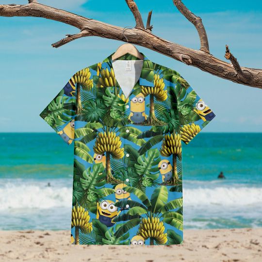 Banana Tree Minion Button Down Short Sleeve Hawaiian for Men, Women, Kids, Trending Casual Fashion, Despicable Me 4 movies