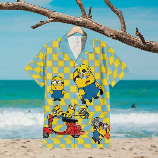 Caro Pattern Minion Button Down Short Sleeve Hawaiian for Men, Women, Kids, Trending Casual Fashion